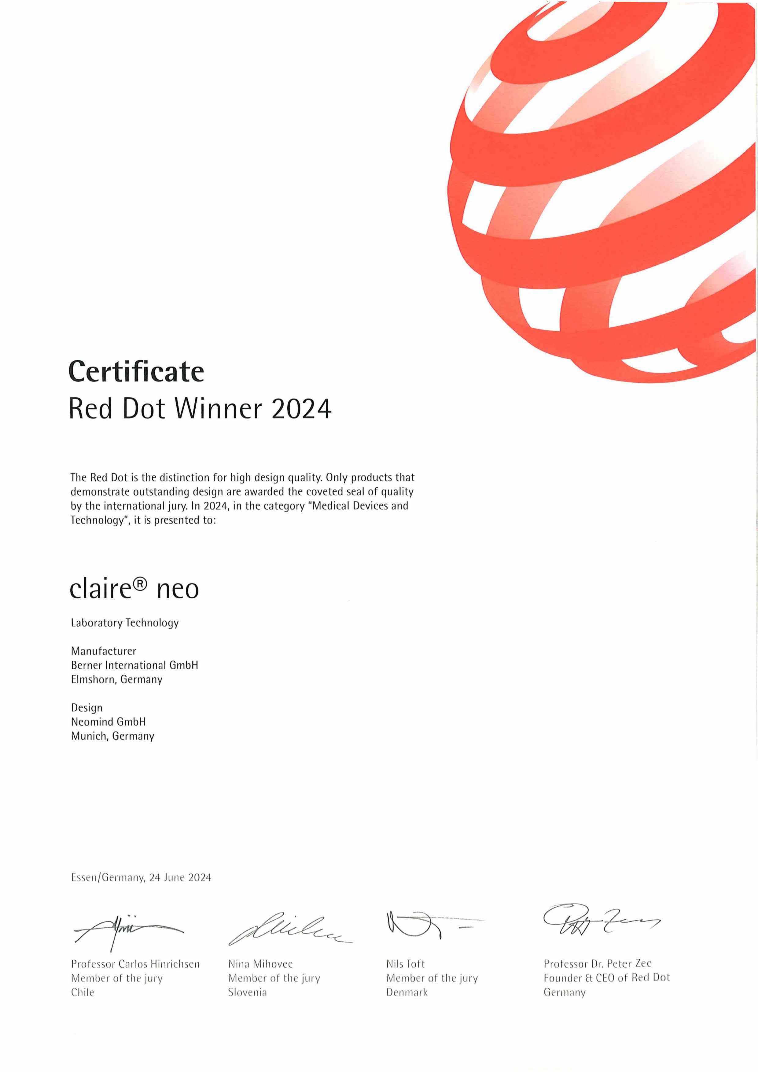 Zertifikat Red Dot Design Award 2024